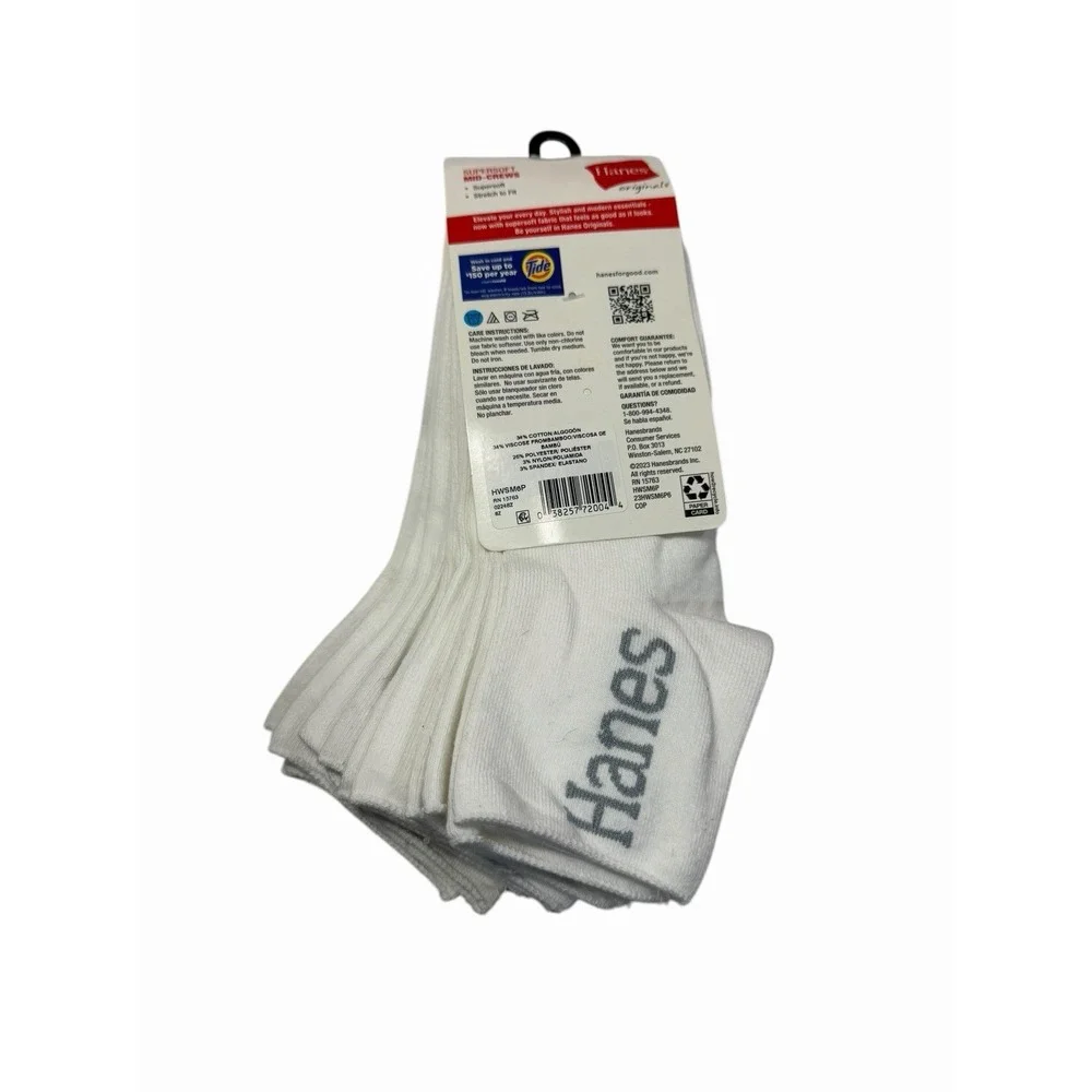 hanes 6 pairs womens super soft mid crew socks white size 8-12
